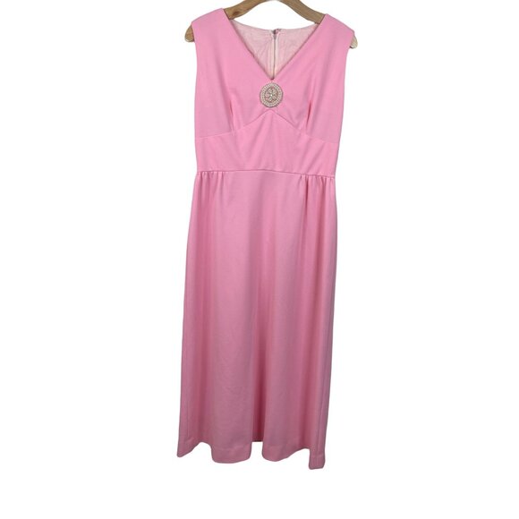 60s Vintage Pink Empire Line Midi  V-neck Pearl Appliqué Dress Sz M/L - Picture 1 of 7